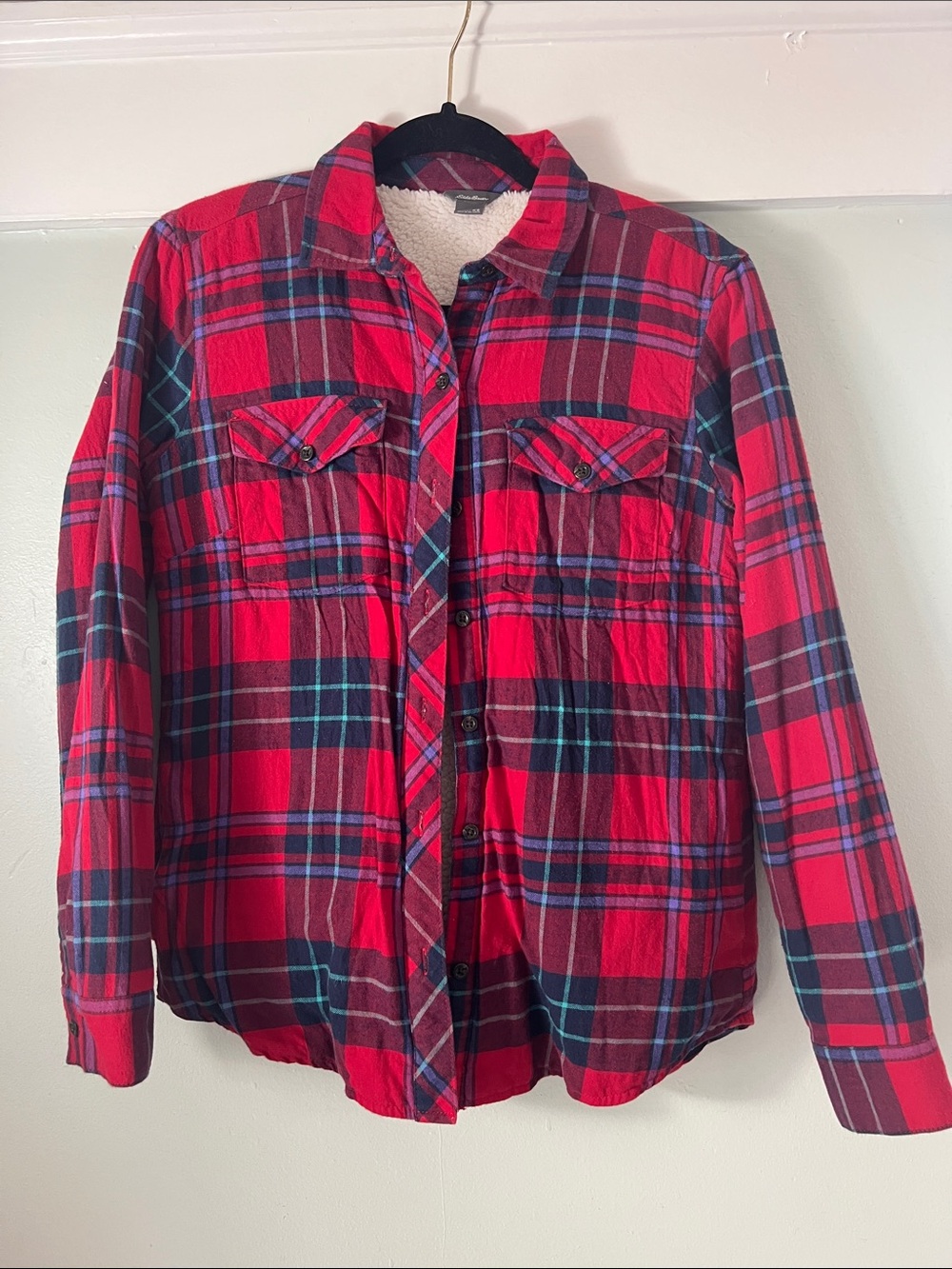 Women’s xs Red Plaid Sherpa-Lined Flannel Shirt